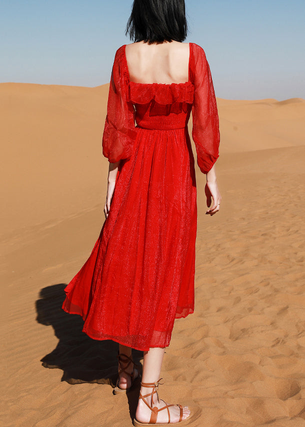 New Red Square Collar Side Open Cotton Beach Dress Puff Sleeve