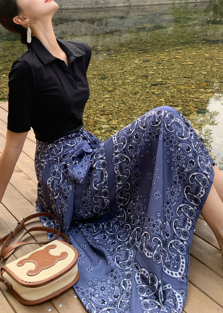 New Black Peter Pan Collar Print Patchwork Cotton Long Dresses Summer