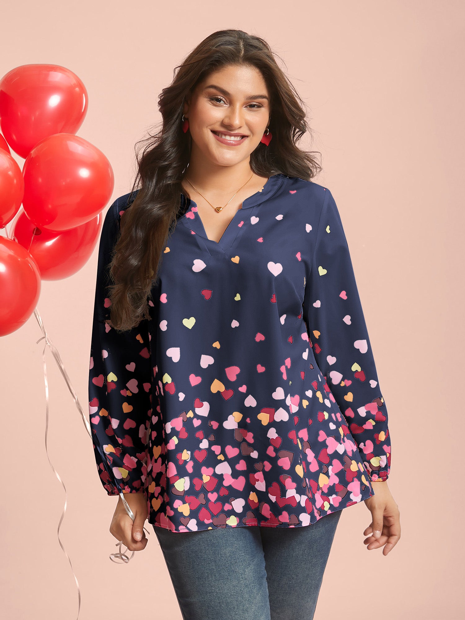 Notched Collar Multi-Color Hearts Blouse