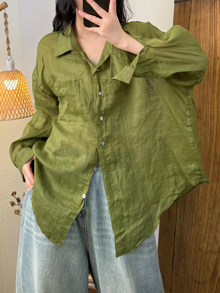 Women Summer Artsy Pure Color Ramie Turn-down Collar Shirt