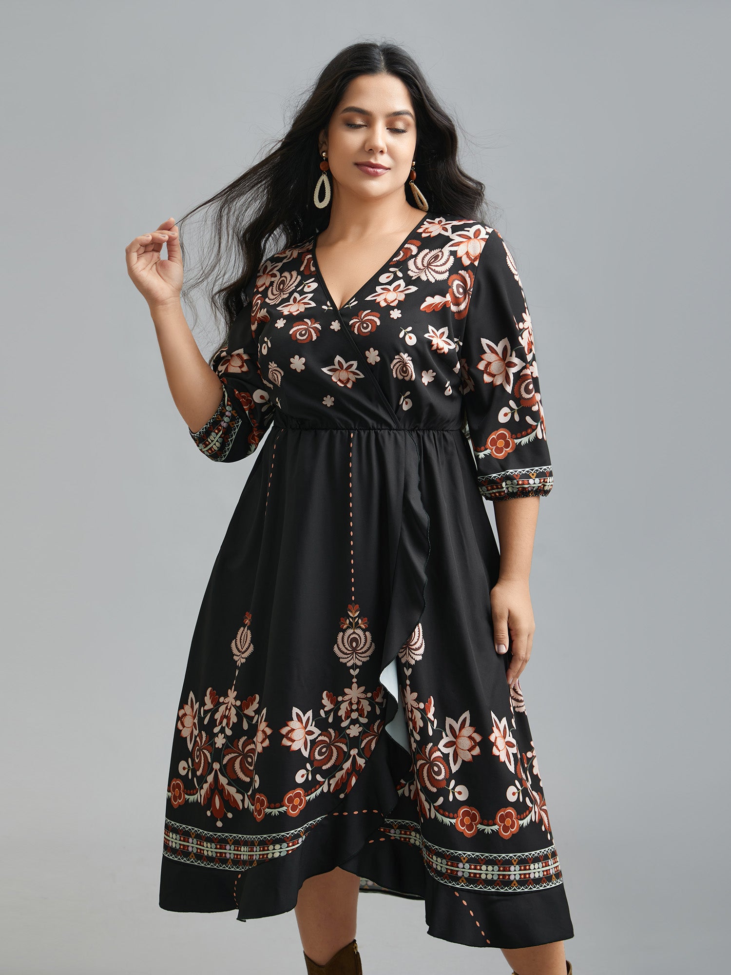 Floral Print Wrap Ruffled Hem Dress