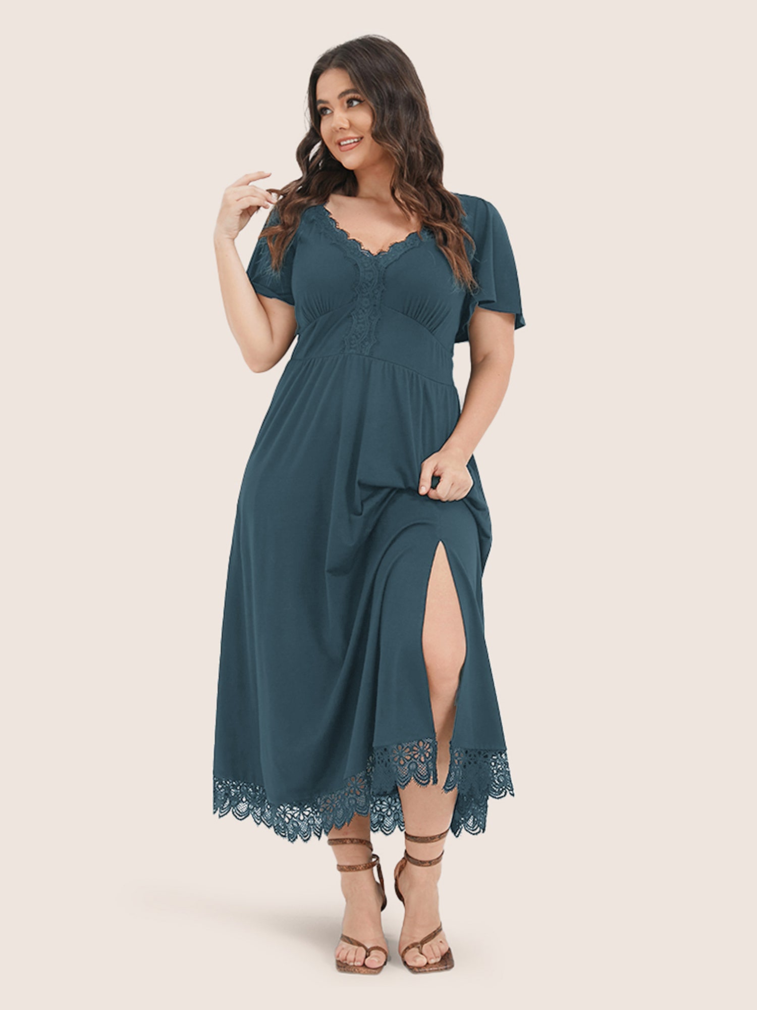 Solid Pocket Contrast Lace Split Maxi Dress