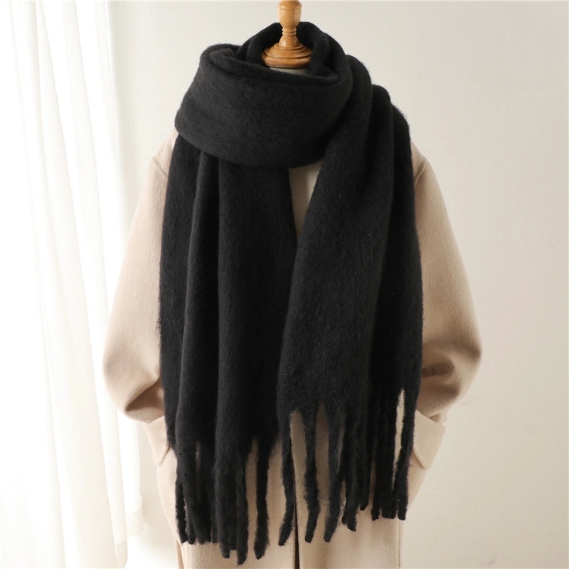 Mohair Scarf Pure Color All-matching Winter Warm Lengthened Fringe Bib Scarf Men's And Women's European And American Export Thick Scarf