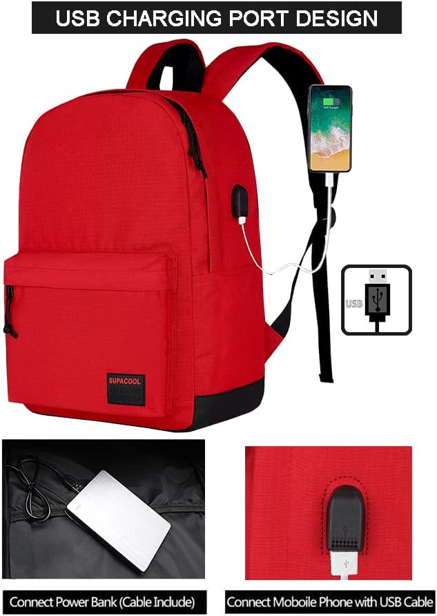 SUPACOOL Casual Laptop Backpack for Men and Women, School Backpack for Boys and Girls, College Bookbag, USB Charging Port, Lightweight Back Pack(Black)