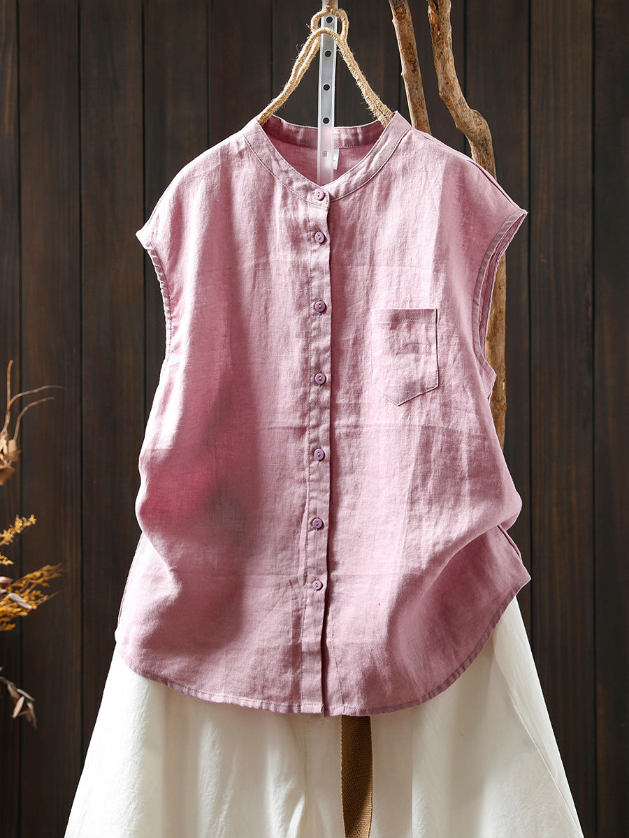 Women Summer Casual Pure Color Stand Collar 100%Linen Shirt