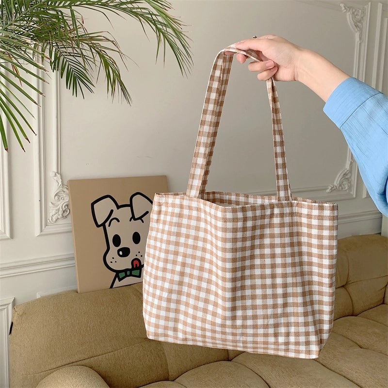 Large Capacity Plaid Canvas Bag Shopping Bag Student Shoulder Handbag Vintage Tote Bag