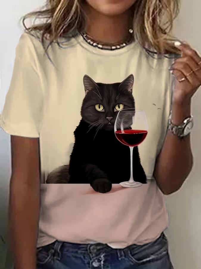 Women's Black Cat Wine Art Print Casual T-Shirt