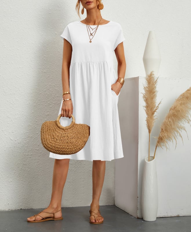 Solid Color Short Sleeve Loose Cotton Linen Pocket Midi Dress