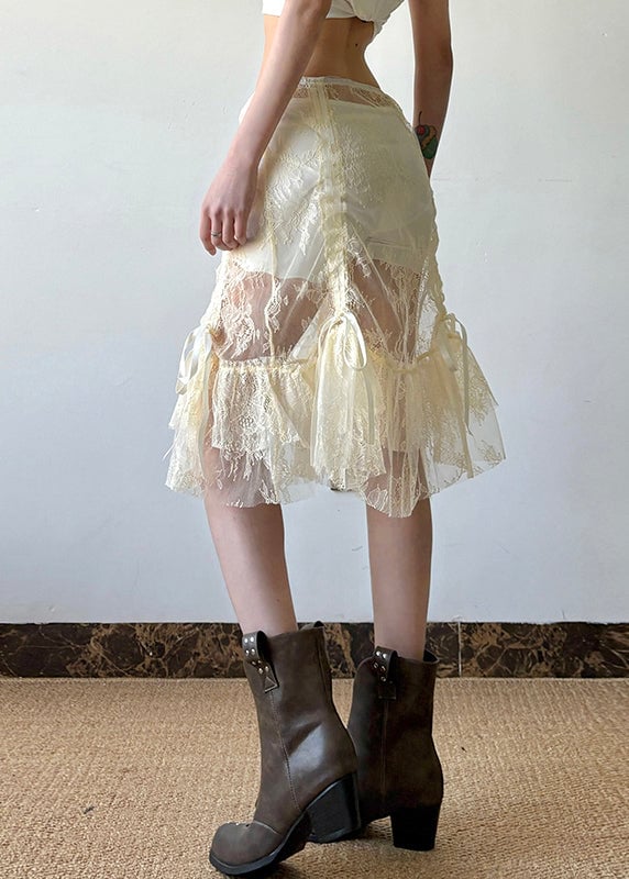 Art Beige Cinched High Waist Lace Skirts Summer