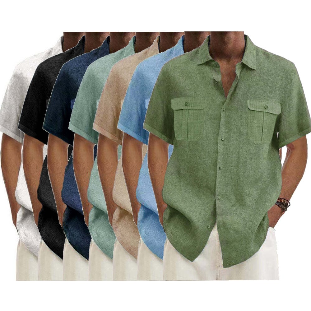 7-Pack Men's Shirts Double Pocket Cotton Linen Short Sleeve Shirts Casual Vacation Shirts