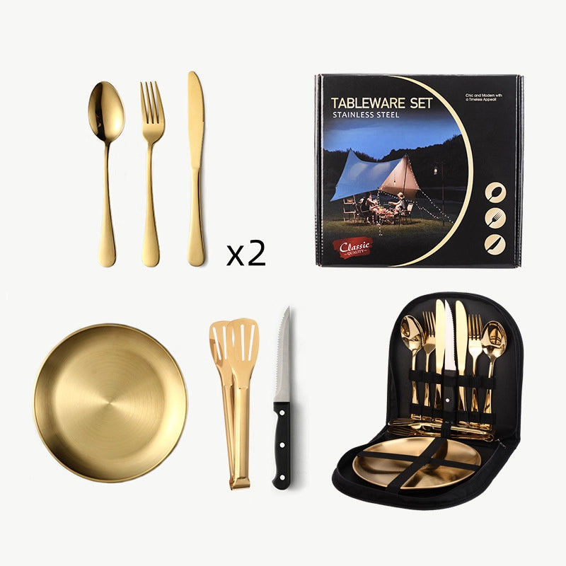 Outdoor Travel Stainless Steel Tableware Camping Picnic Barbecue Plate Clip Steak Knife. Fork And Spoon Suit Portable Storage Bag