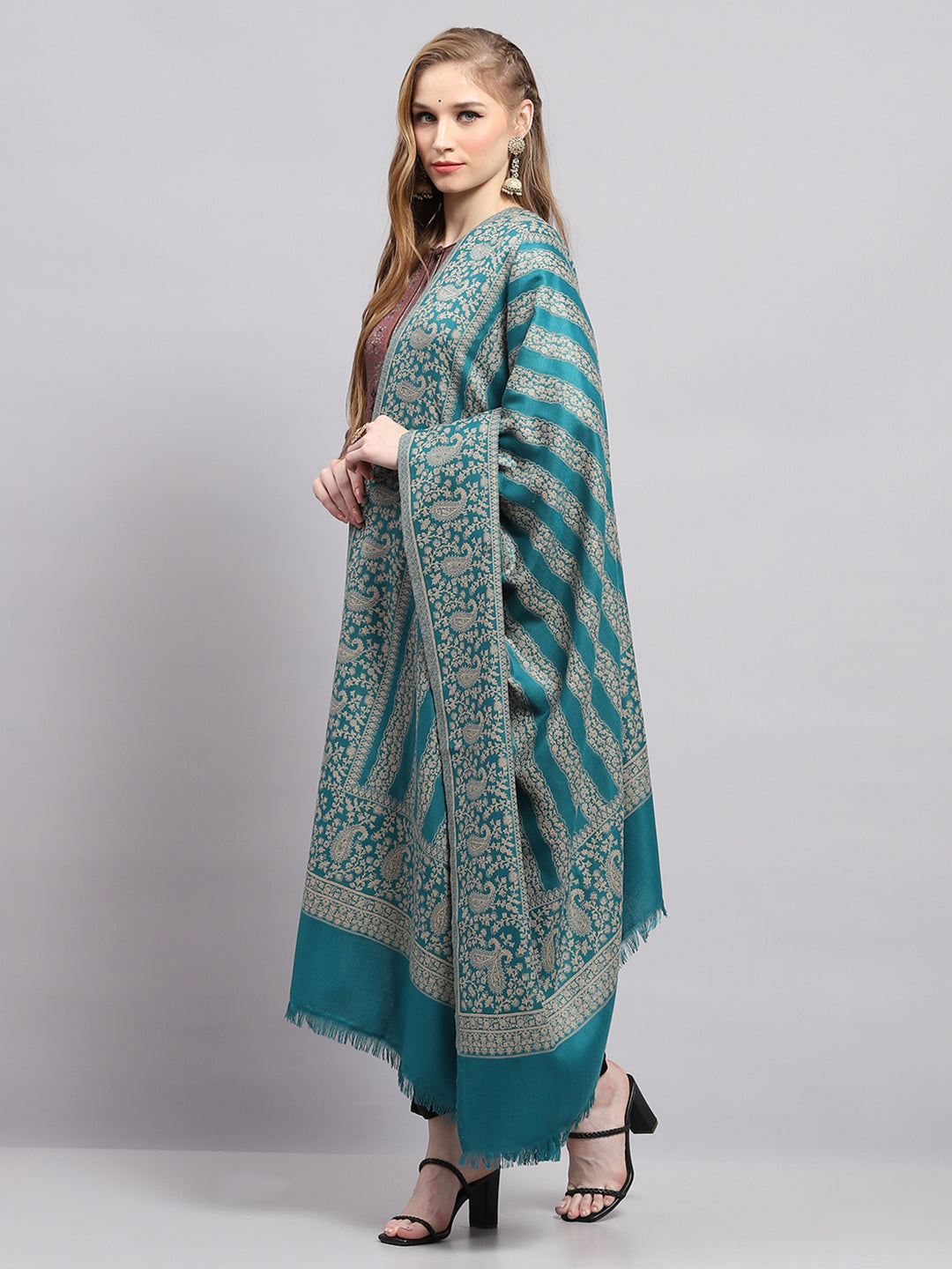 Women Turquoise Blue Self Design Shawl