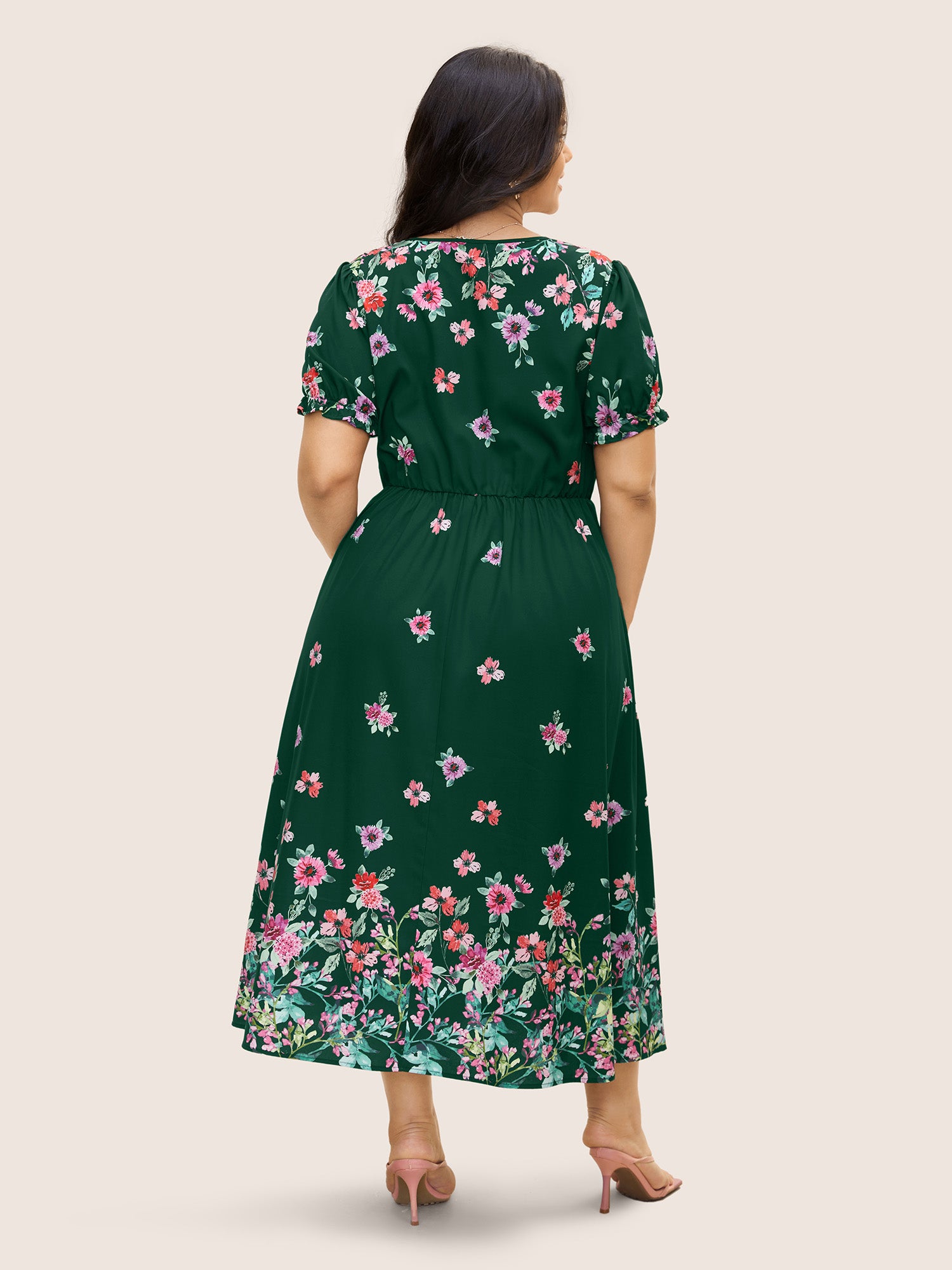 Boho Print V Neck Elastic Waist Dress