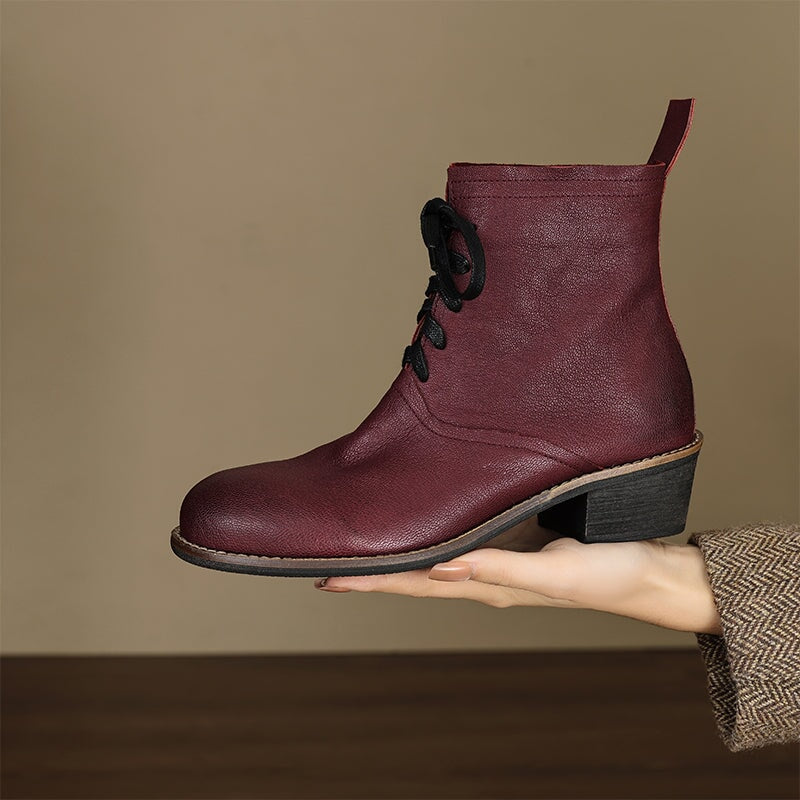 Retro Sheepskin Lace-Up Ankle Boots 40mm Block Heel Martens Boots Grey/Black/Encore Red