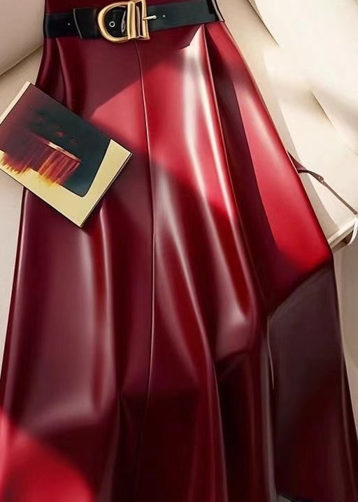 Stylish Red Sashes Solid High Waist Faux Leather Skirts Spring