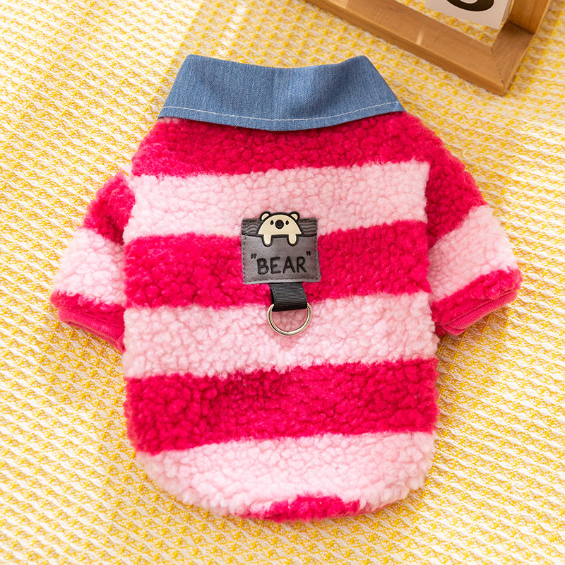 Fleece Striped Denim Collar Dog Cat Harness Sweater