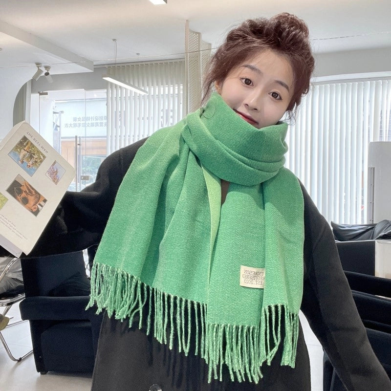Solid Color Double-sided Tassel Scarf For Women Autumn And Winter New Warm Cashmere-like Scarf Thickened Student Shawl