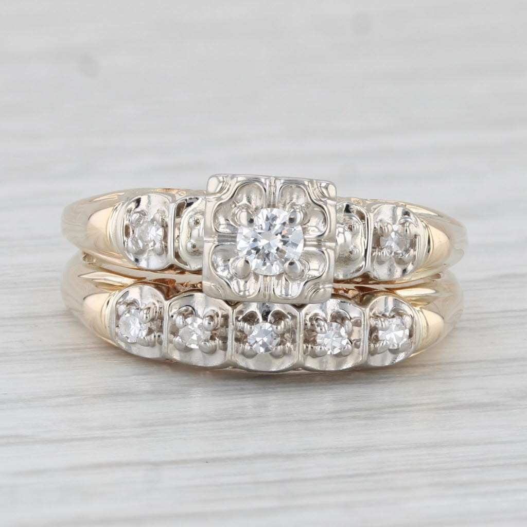 Vintage 0.20ctw Diamond Engagement Ring Wedding Bridal Set 14k Gold Size 8.25