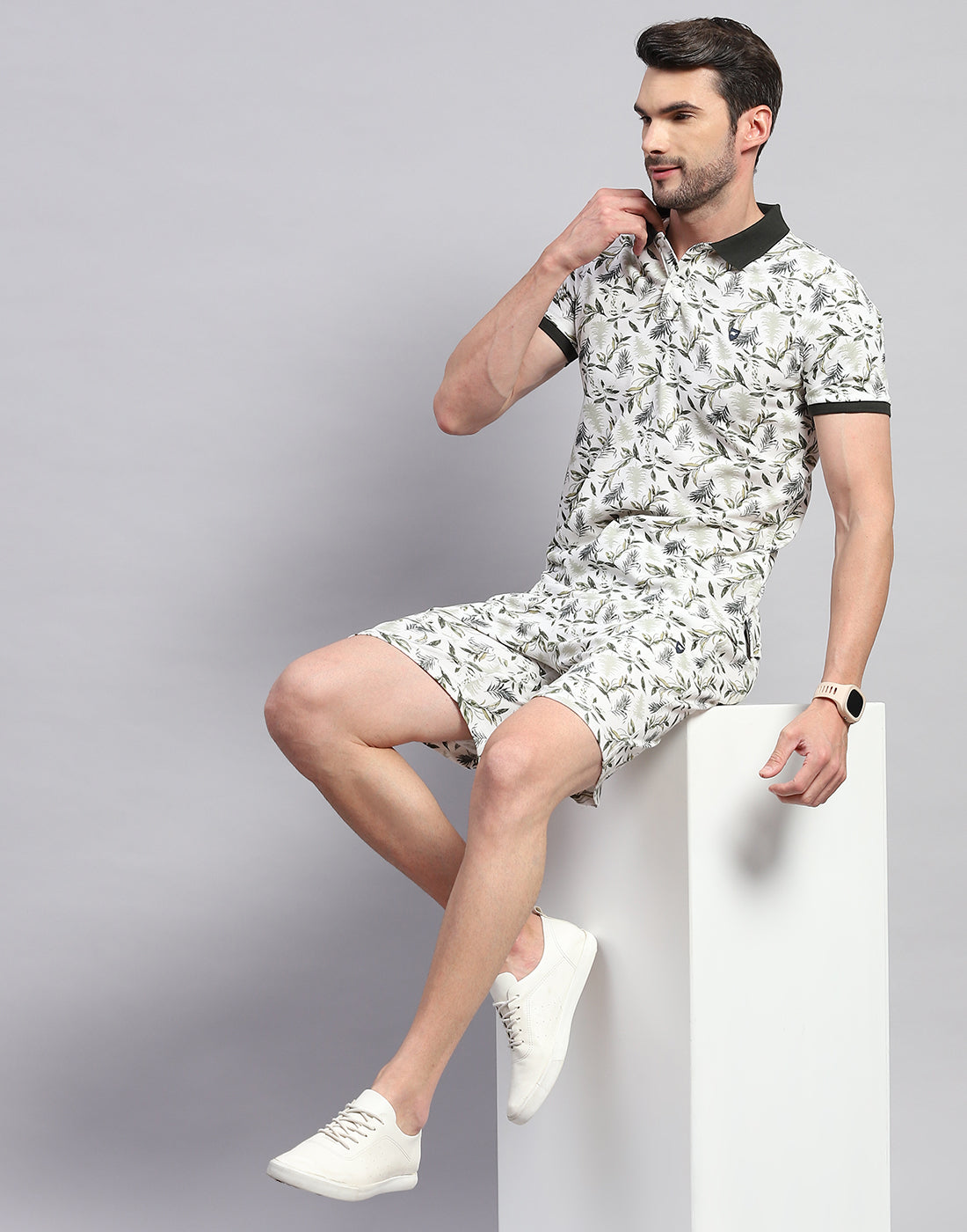 Men Off White Floral Print Polo Collar Half Sleeve Bermuda Set