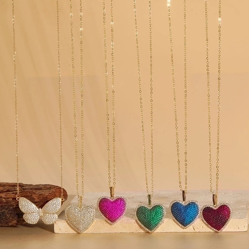 Minimalist Heart Shape Butterfly Copper Plating Inlay Zircon 14k Gold Plated Pendant Necklace