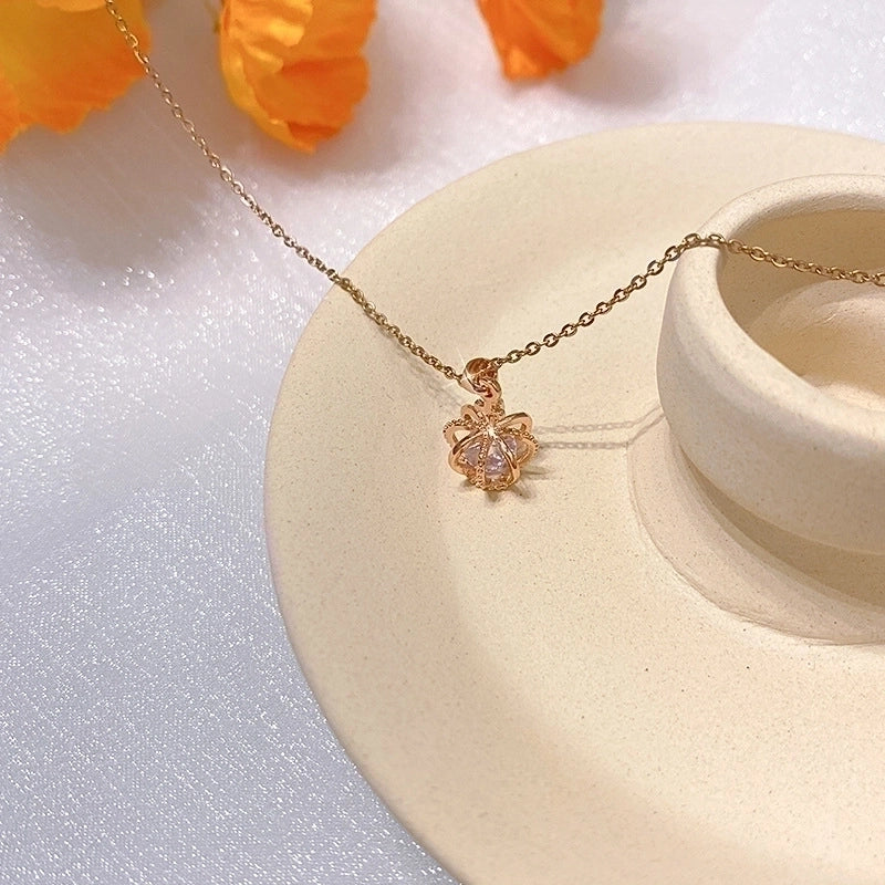 Titanium Steel Lady Inlay Heart Shape Flower Artificial Gemstones Pendant Necklace