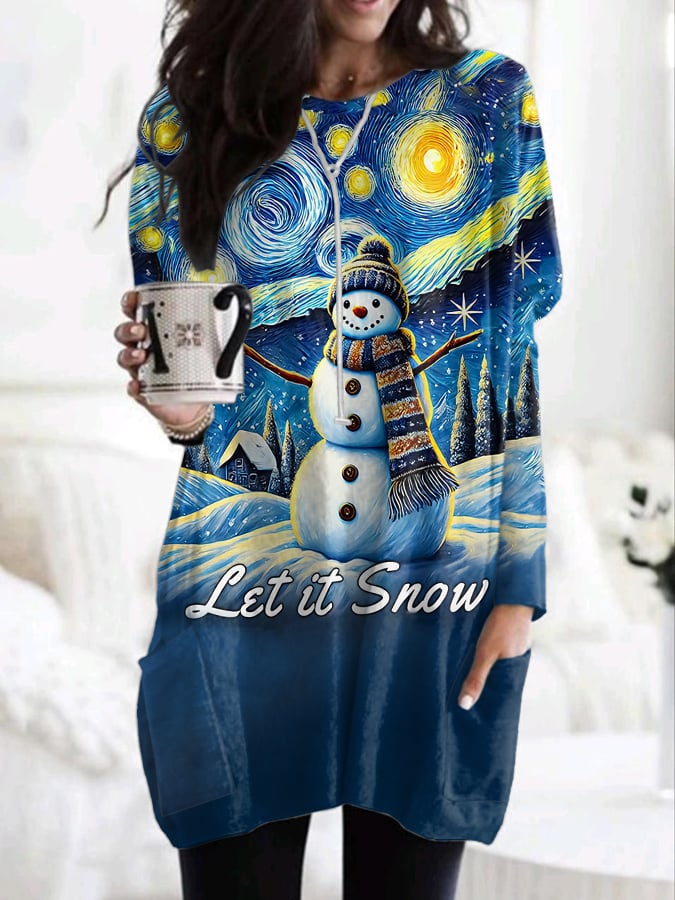 Retro Christmas Starry Night Snowman Let It Snow With Pockets Print Dress