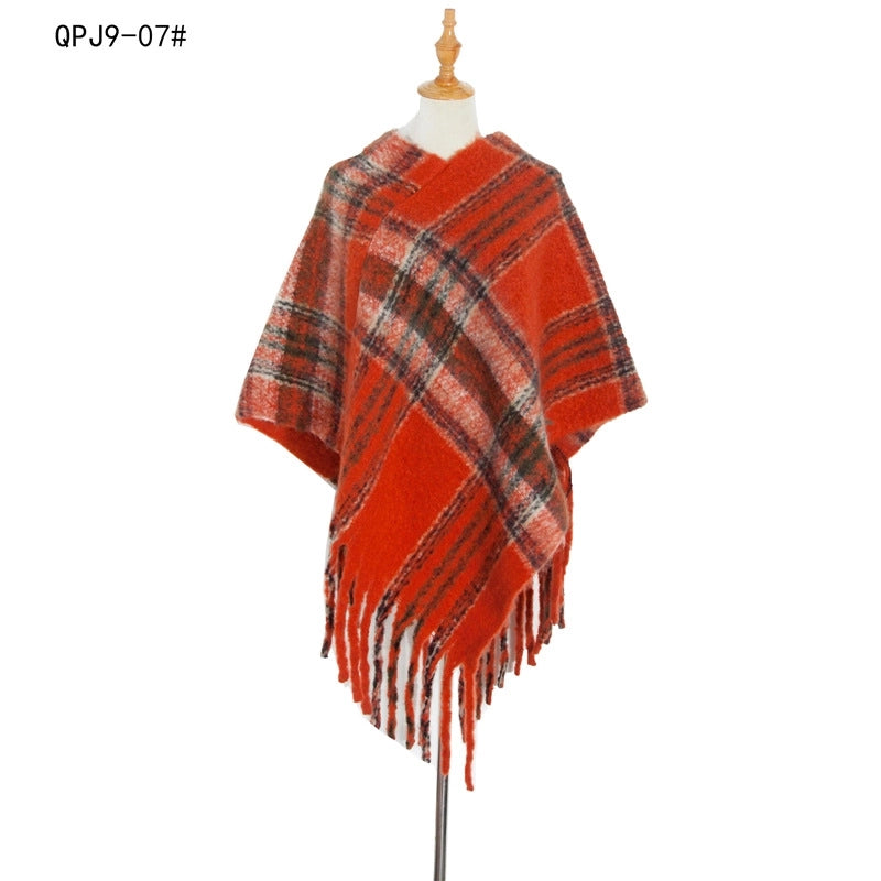 Hot Style New Autumn And Winter Women's Shawl Thick Tassel Loop Yarn Large Plaid Cloak