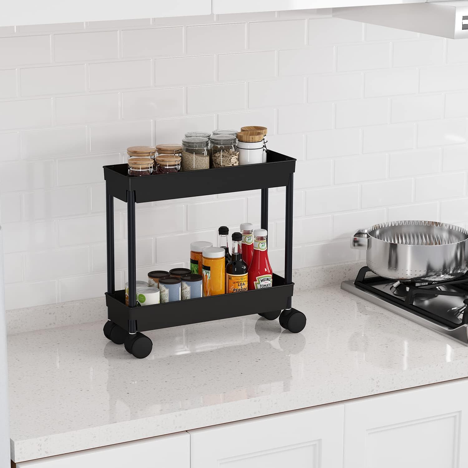 4 Tier Slim Storage Cart. Rolling Storage Cart. Narrow Shelf For Kitchen. Bathroom. Laundry Room (Black)