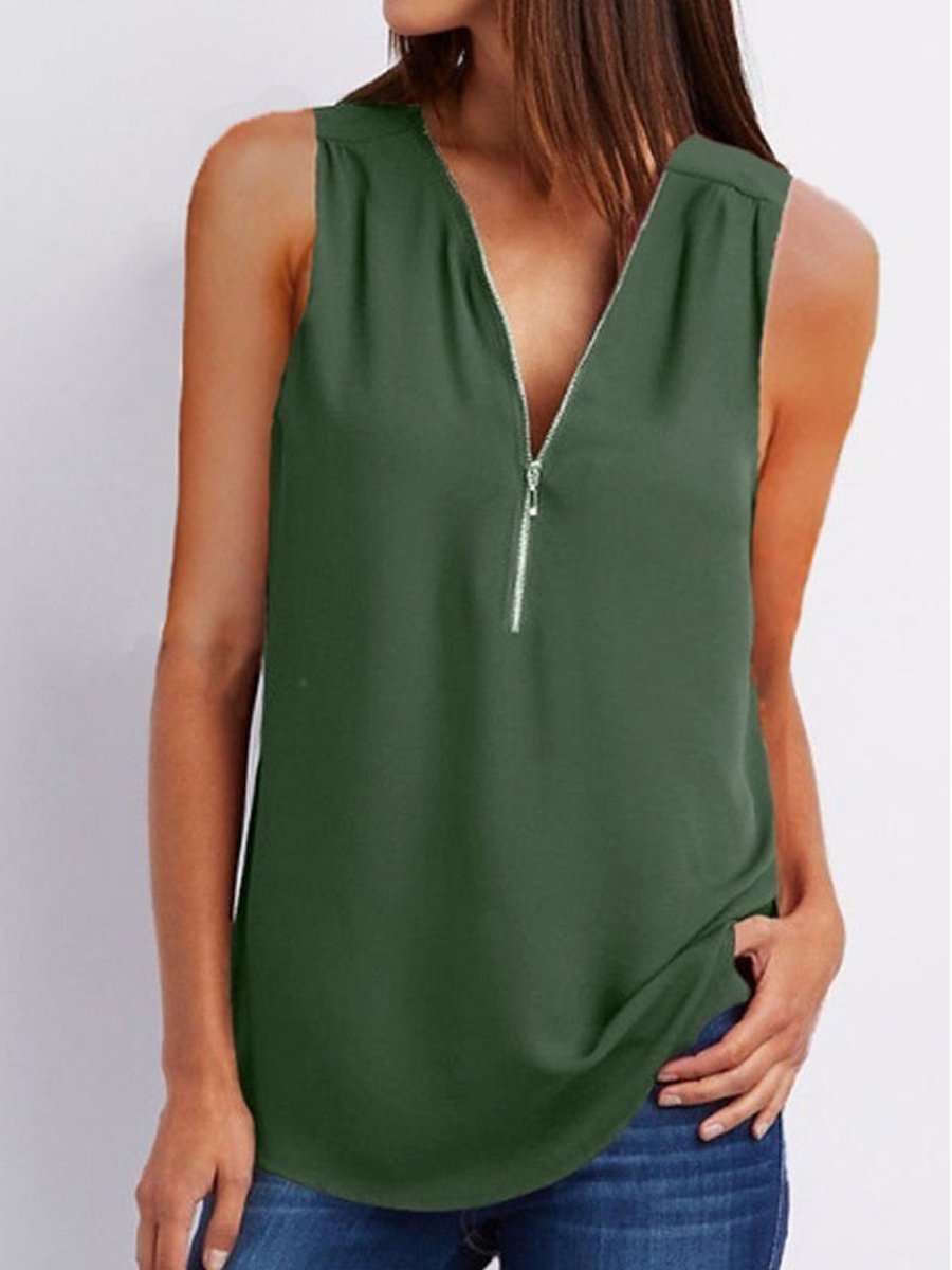 V-Neck  Zips  Plain  Sleeveless Tops