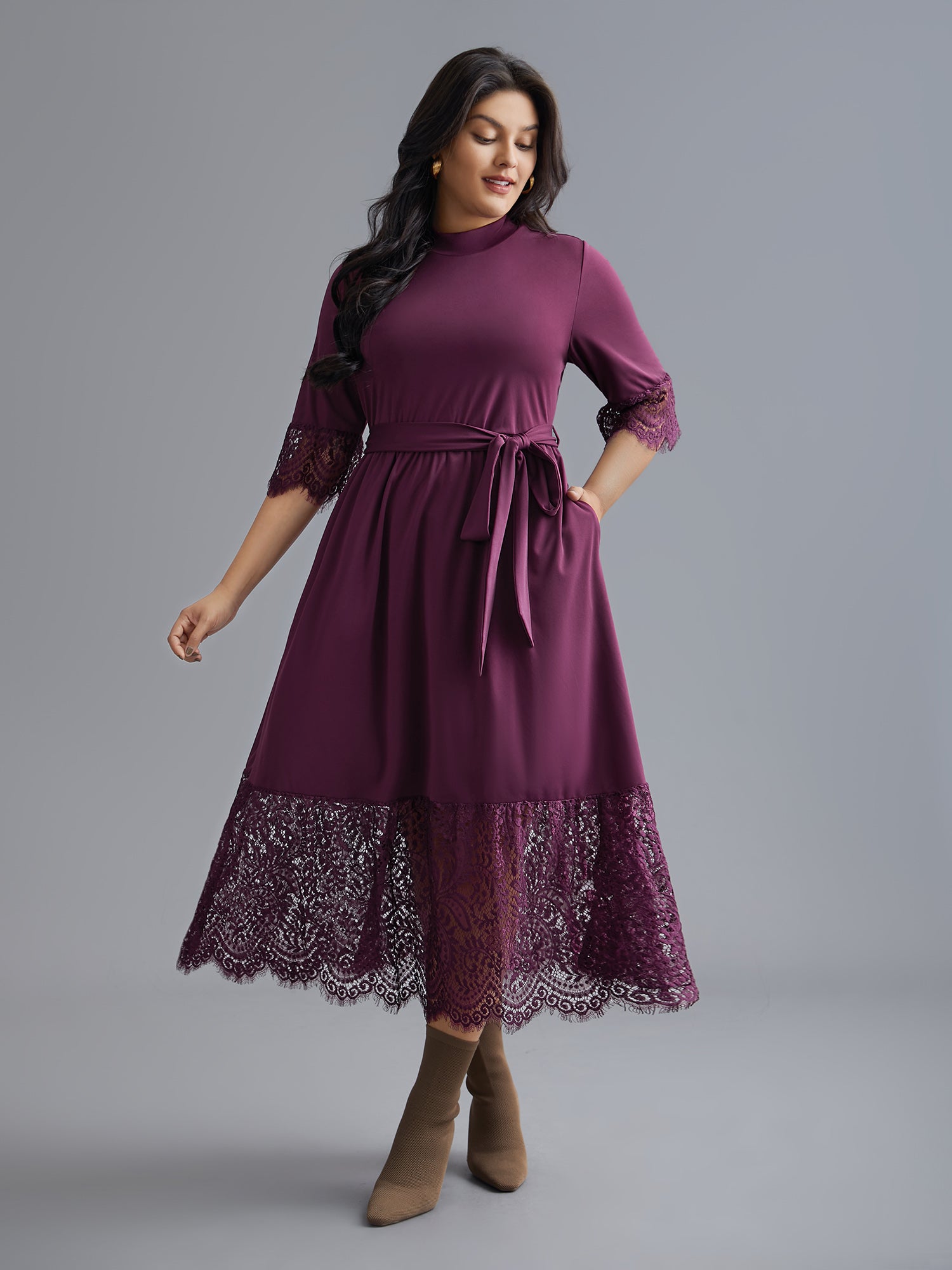 Mock Neck Crochet Lace Belted Dress