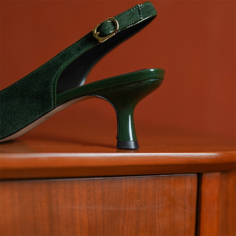 Point Toe Genuine Leather Slingback Kitty Heel Sandals in Black/Green