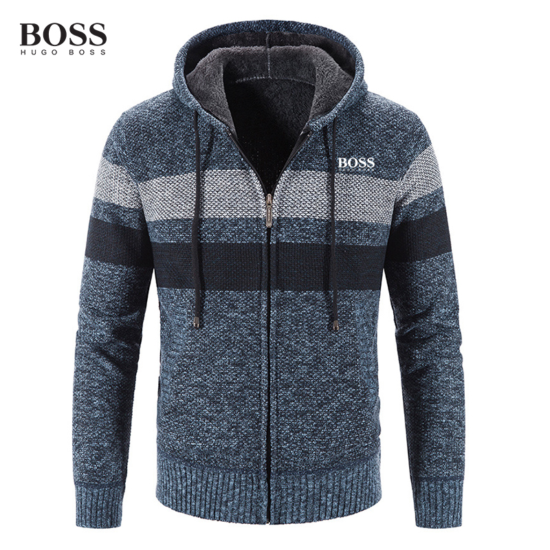 BOSS Men-s STRIPED ZIP UP HOODED SWEATER