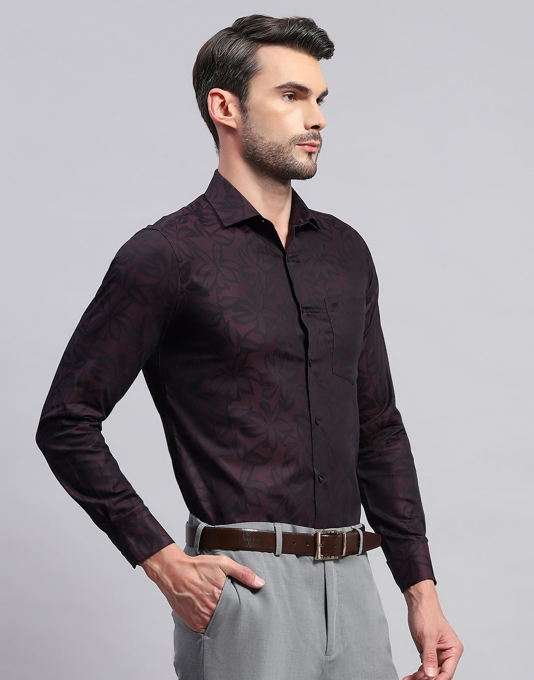 Men Maroon Floral Print Collar Neck Full Sleeve Shirt