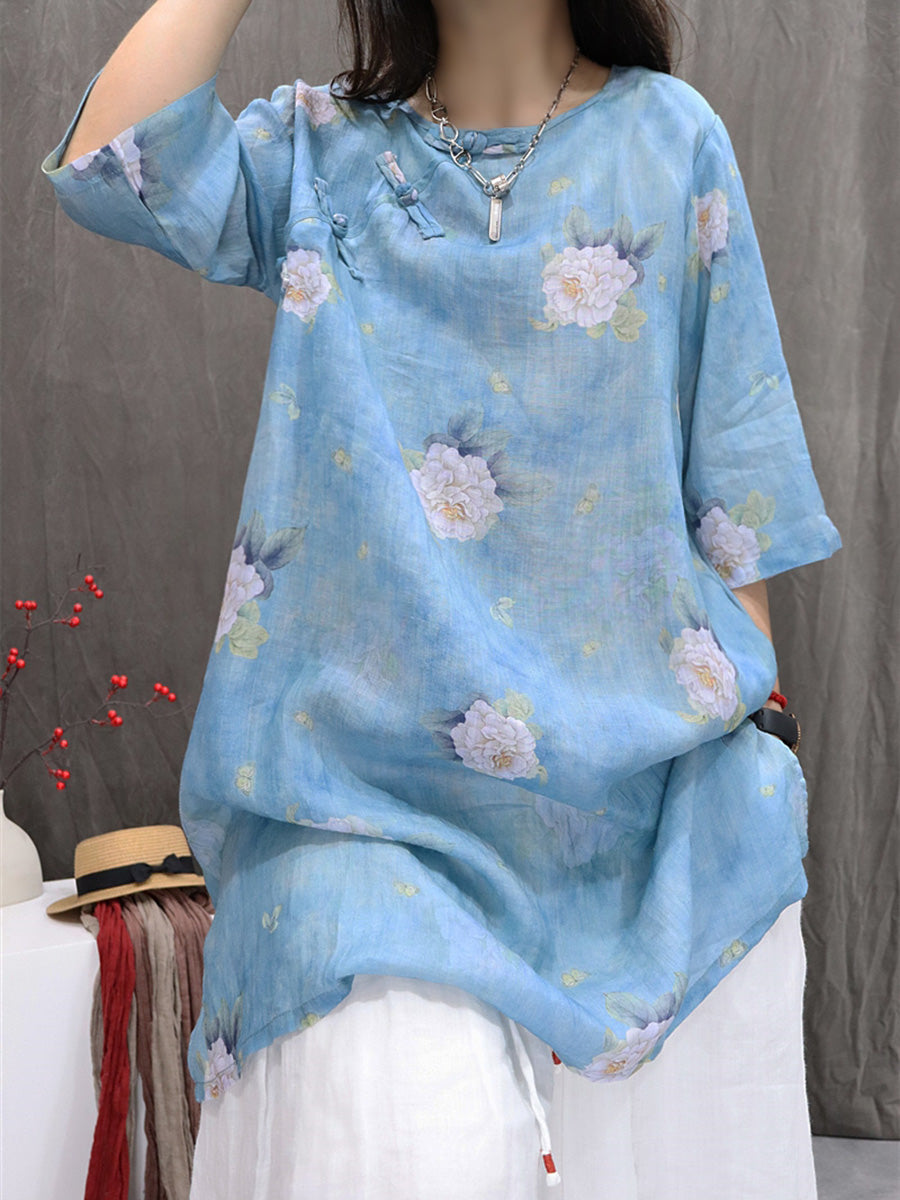 Women Summer Retro Flower O-Neck 100%Ramie Shirt
