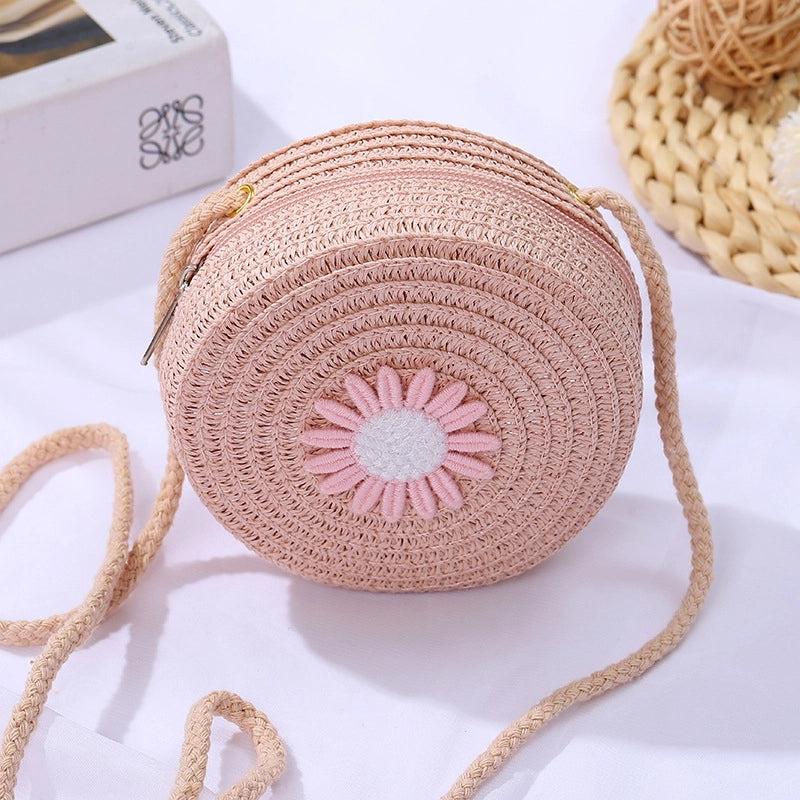 Women's Mini Straw Daisy Vintage Style Round Zipper Straw Bag