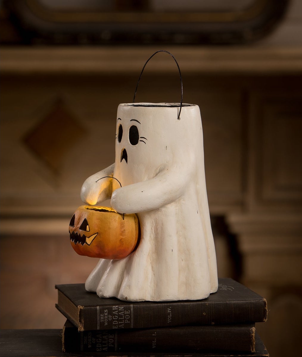 Scaredy Boo Ghost with Pumpkin Bucket. Paper Mache