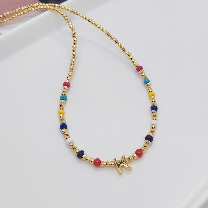 Ig Style Minimalist Letter Glass Copper Beaded Knitting Plating 18k Gold Plated Necklace