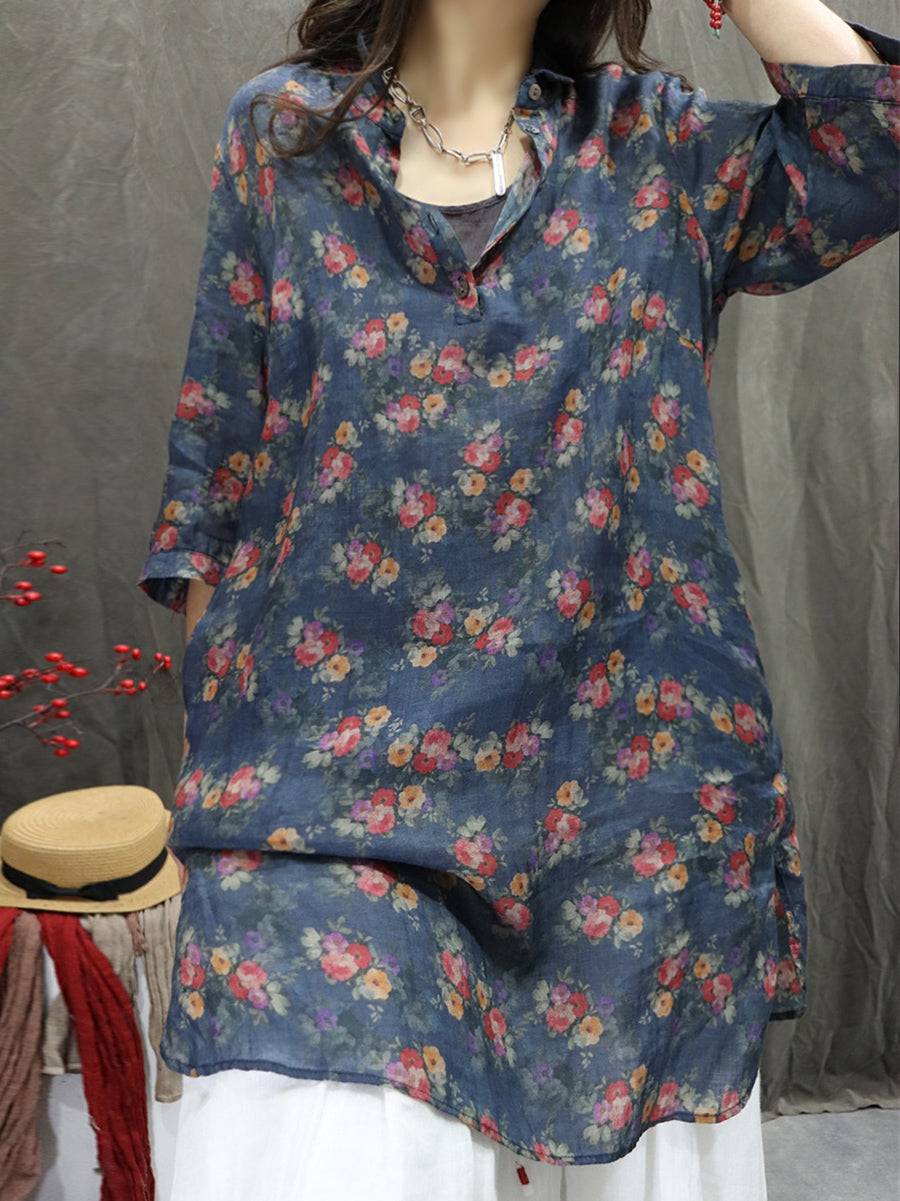 Women Summer Artsy Turn-down Collar Flower 100%Ramie Shirt