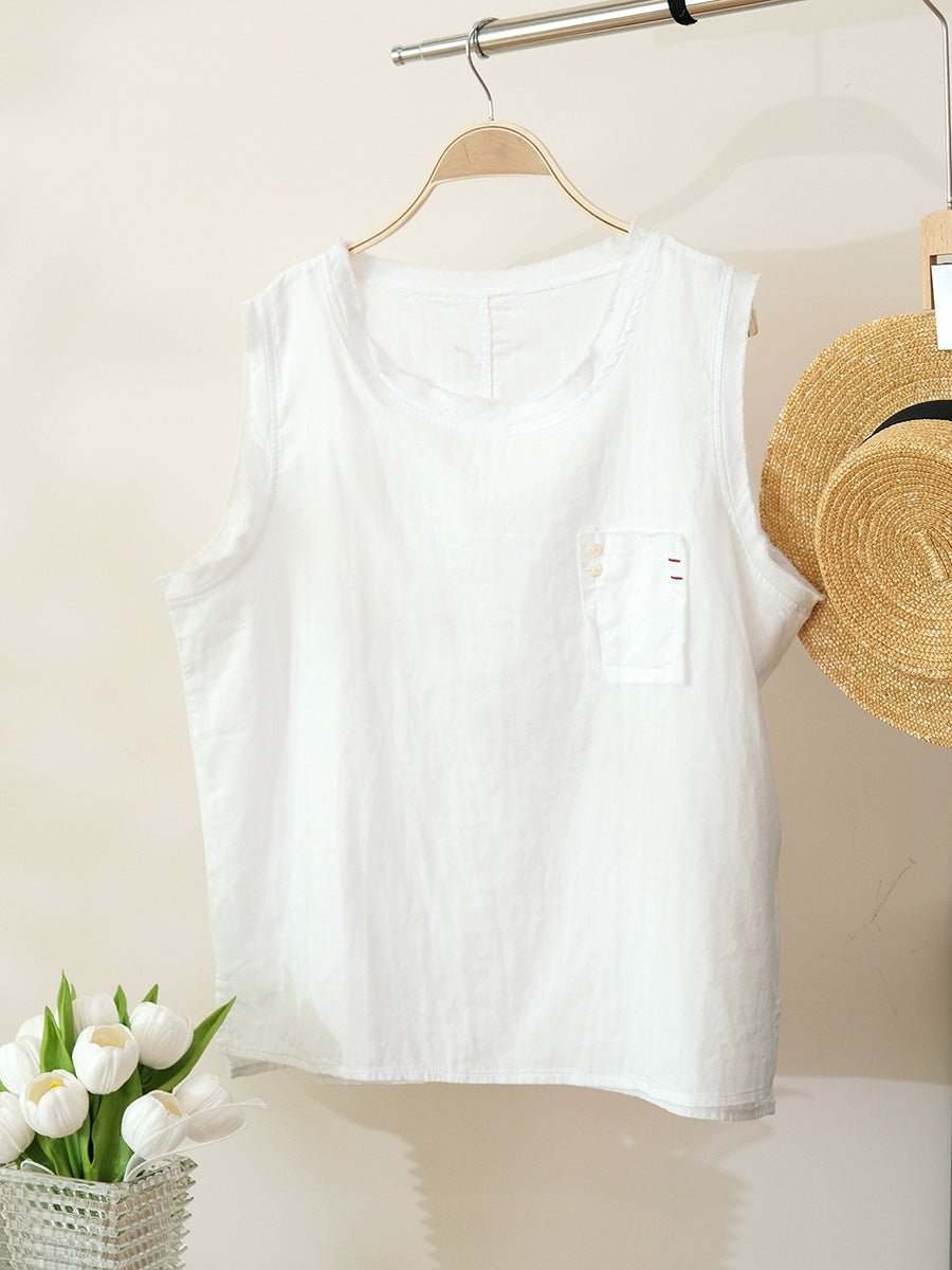 Women Summer Casual Pure Color O-Neck 100%Cotton Vest