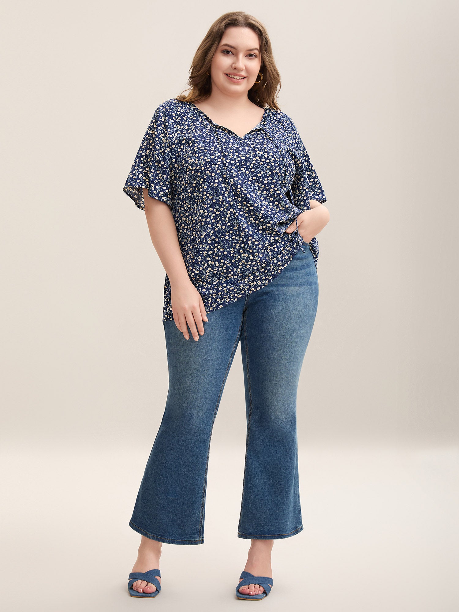 Floral Printed Lotus Sleeve Tied Blouse
