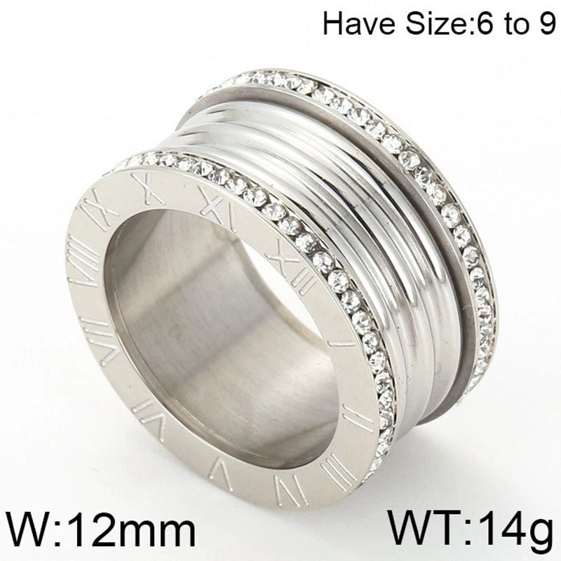 Lady Roman Numeral Titanium Steel Rhinestones 18K Gold Plated Inlay Rings