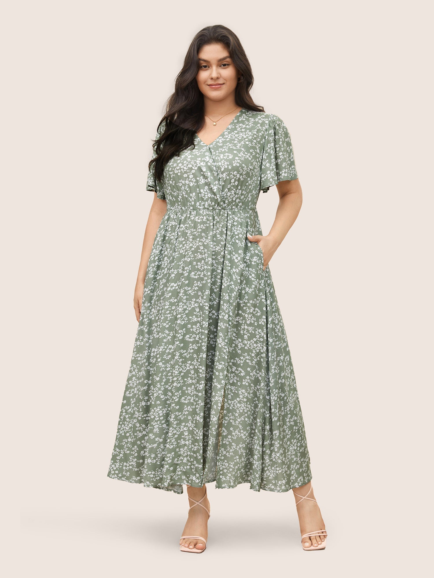 Bloom Dress - Flutter Sleeve Ditsy Floral Bag Split Maxi Dress