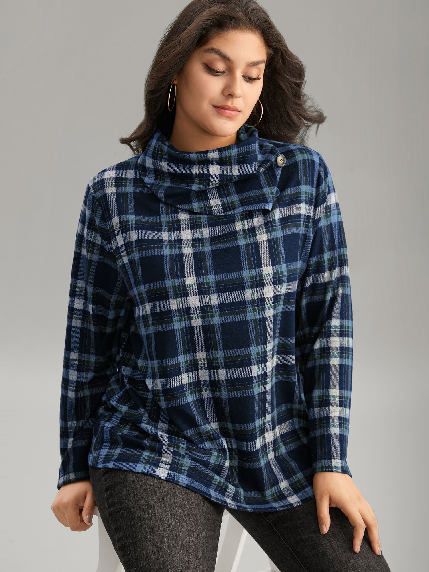 Plaid Funnel Neck Button Detail T-shirt