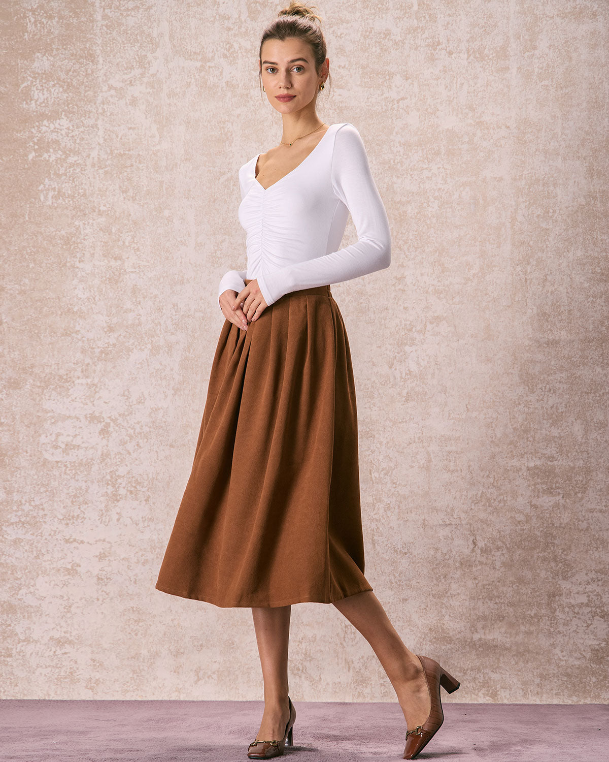 The Brown Elastic Waist Pleated Midi Skirt