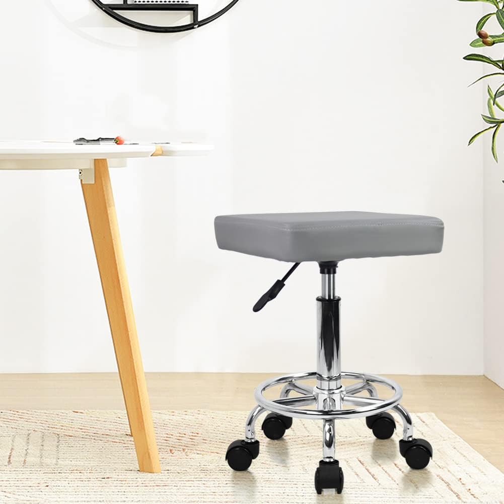 Square Rolling Stool with Foot Rest PU Leather