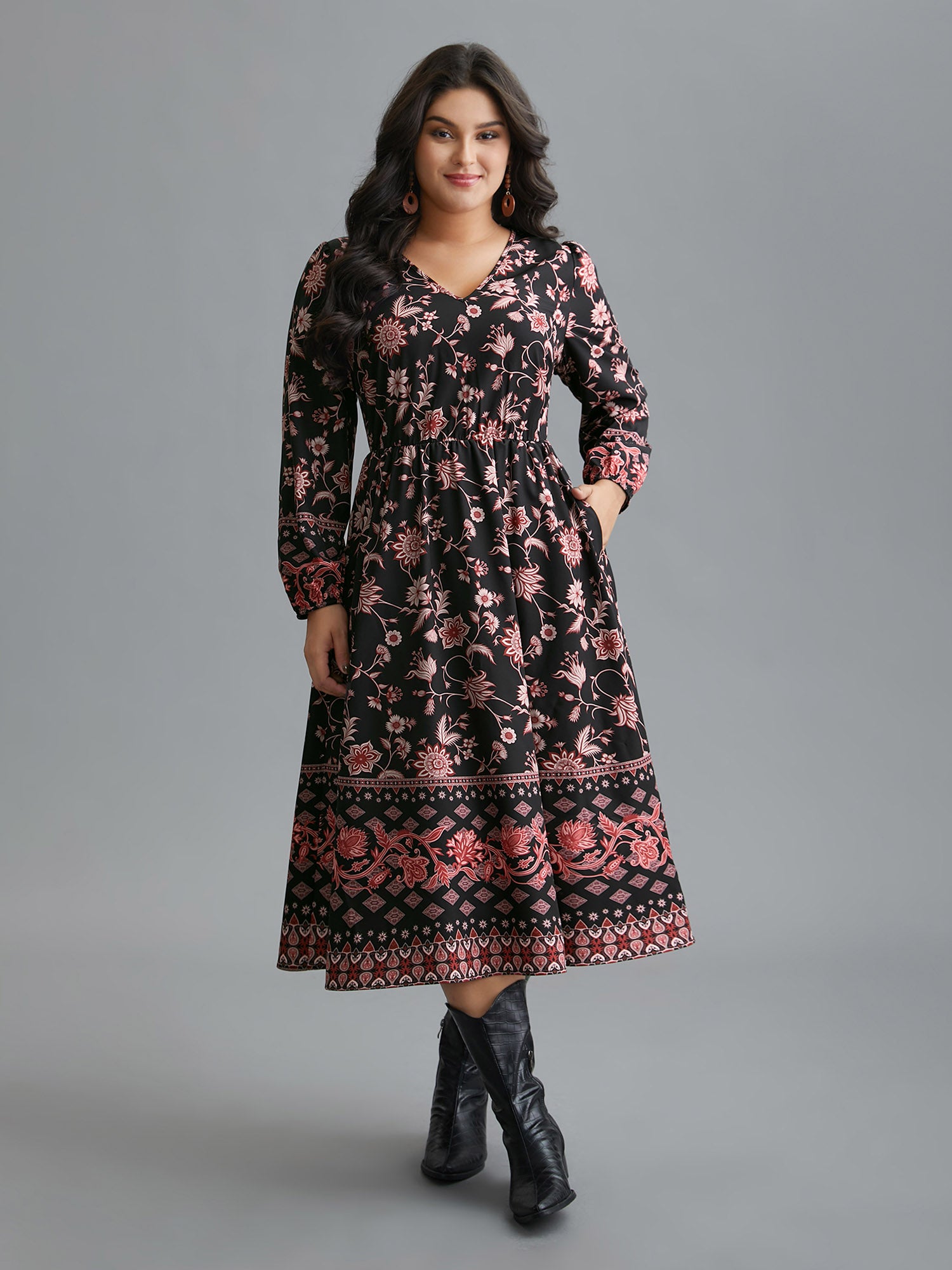 Floral Elastic Waist V-Neck Midi Dress