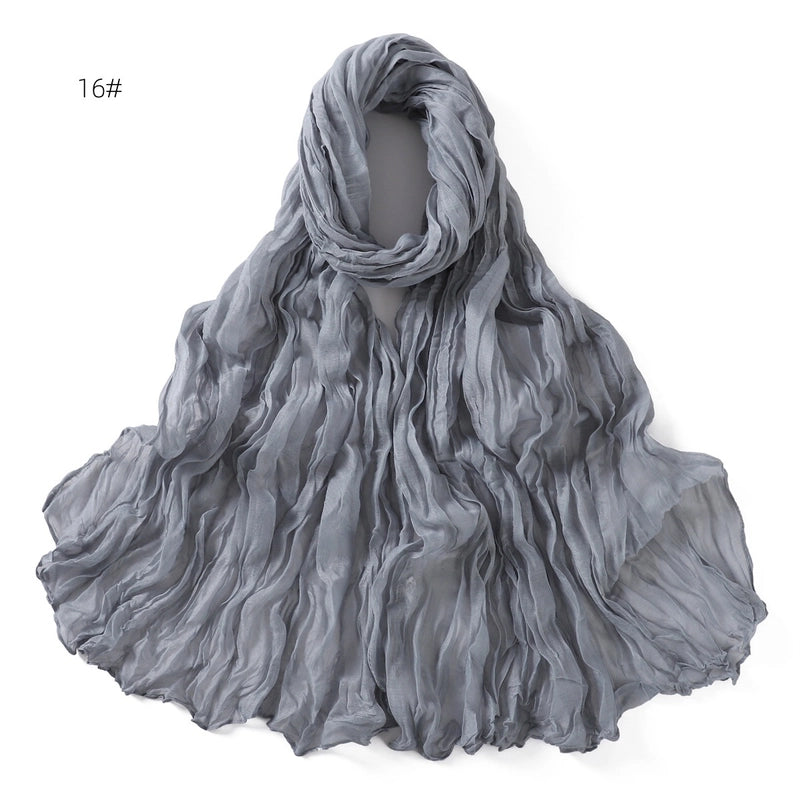 Spring And Autumn Pure Color Silk Yarn Twist Wrinkle Cotton And Linen Breathable Thin Scarf Female Cover Scarf In Stock