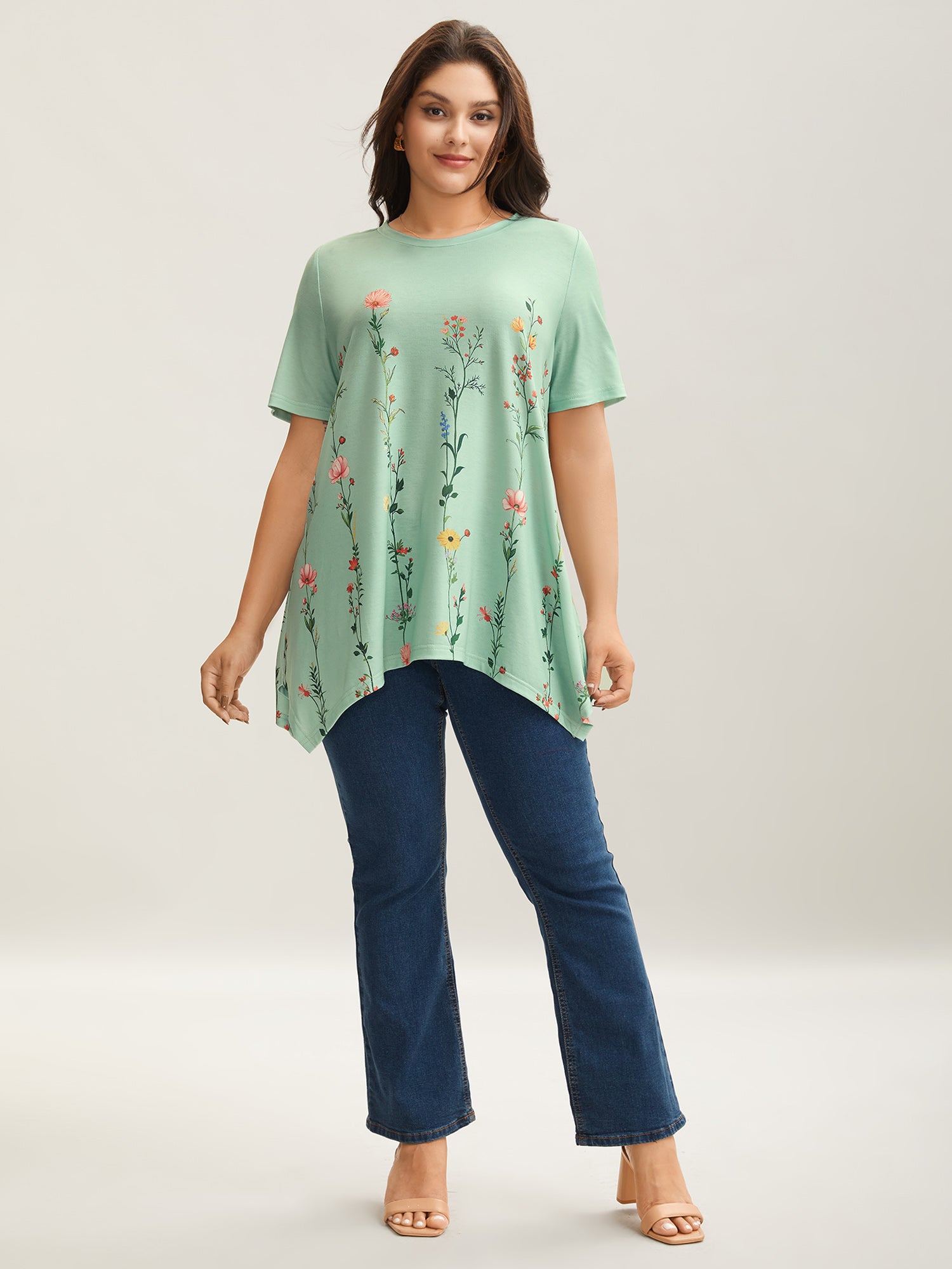 Stretchy Hi-Low Hem Floral T-Shirt