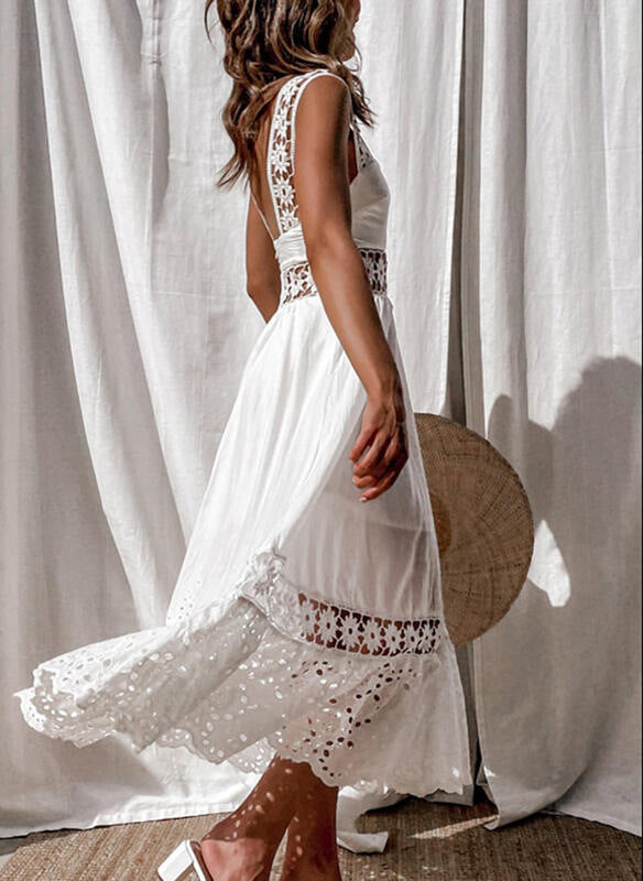 Boho Dress for Women|Bohemian Dress|Midi Boho Dress| Lace  Cotton Bohemian DressWhite Hollow Out Boho Maxi Sundress|Wedding Guest Dress