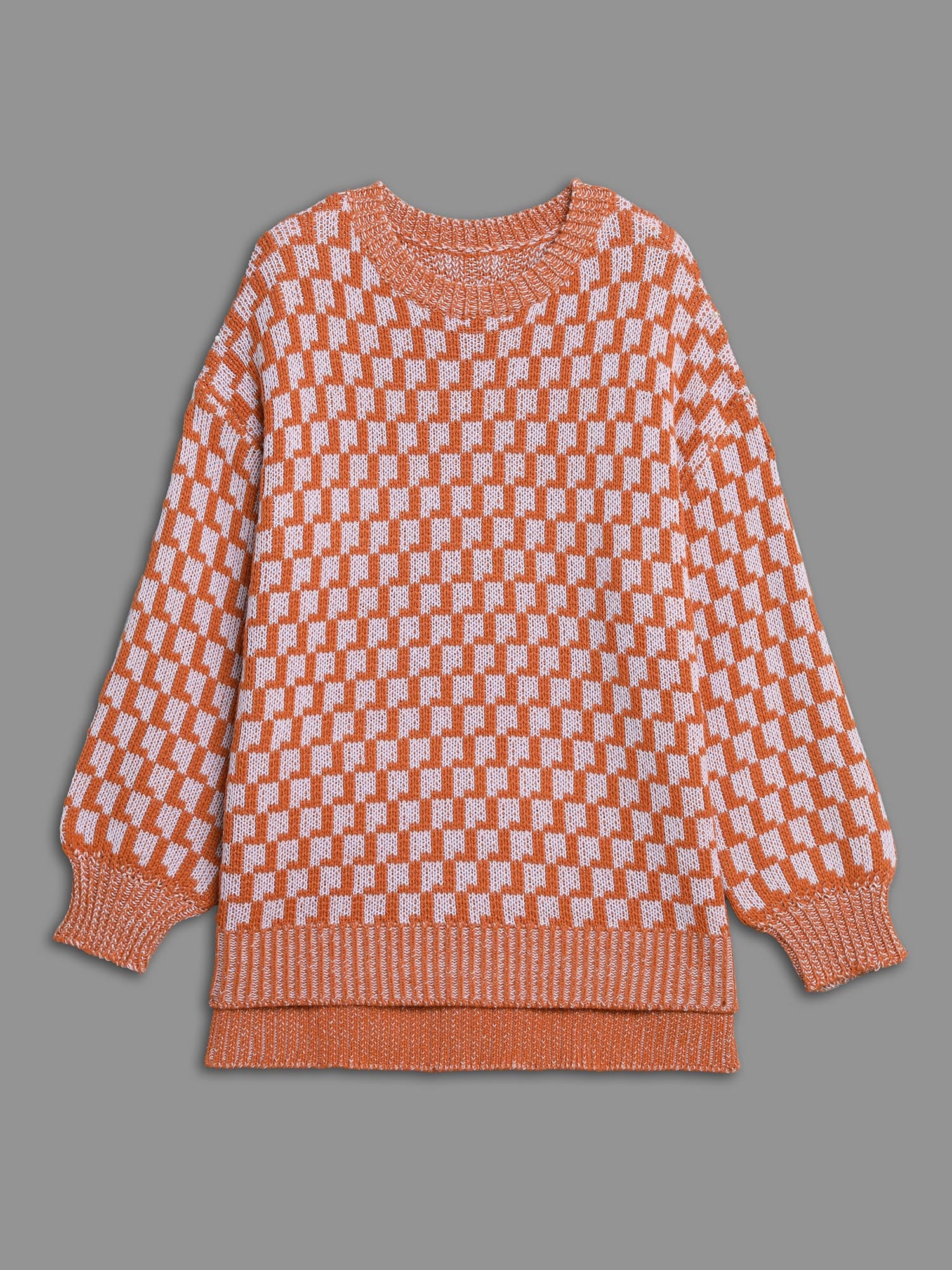 Textured Color Contrast Side-Slit Pullover